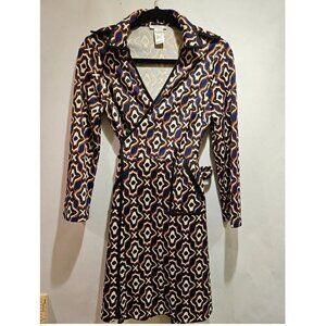 Esley Vintage Long Sleeved Wrap Dress In Brown And Blue Pattern Women's Small